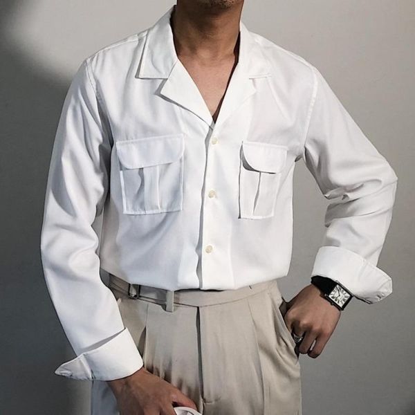men's casual shirts cuban collar long sleeve shirt korean trend double pocket slim italian business prom men, White;black
men's casual shirts cuban collar long sleeve shirt korean trend double pocket slim italian business prom men, White;black