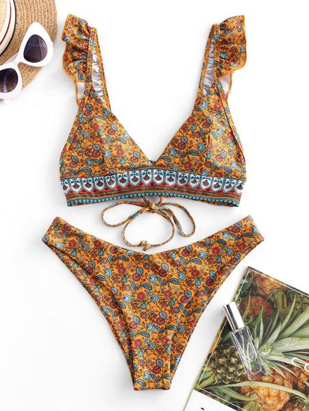 women's swimwear bikini flower print ruffle lace up high cut two piece wire bathing suit holiday beach, White;black
women's swimwear bikini flower print ruffle lace up high cut two piece wire bathing suit holiday beach, White;black