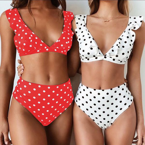 deep v bikini swimsuit with ruffles, White;black