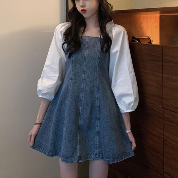 casual dresses denim patchwork little flying sleeve fashion women dress korean chic 2021 off shoulder mesh, Black;gray
casual dresses denim patchwork little flying sleeve fashion women dress korean chic 2021 off shoulder mesh, Black;gray