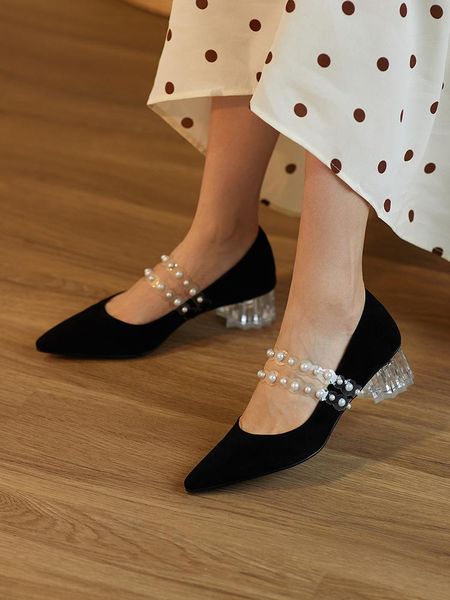 est woman pumps elegant retro pearl mary jane pointed toe crystal heels party office lady shoes dress, Black
est woman pumps elegant retro pearl mary jane pointed toe crystal heels party office lady shoes dress, Black