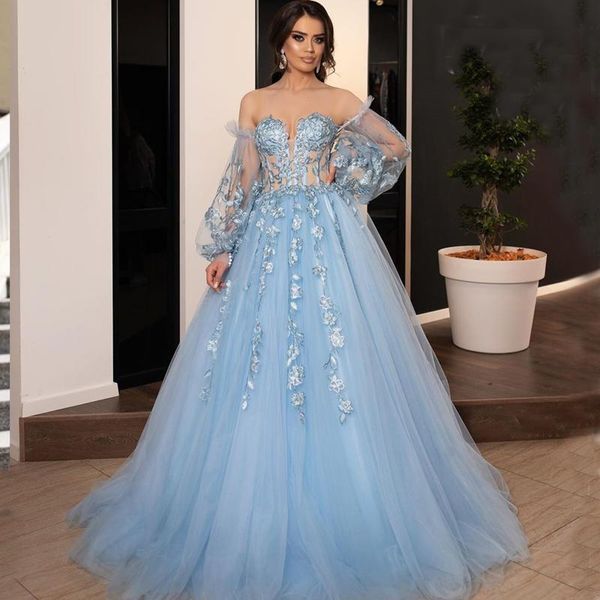 party dresses sky blue evening dress ball gown off the shoulder full sleeves lace appliques long formal gowns robe de soire, White;black
party dresses sky blue evening dress ball gown off the shoulder full sleeves lace appliques long formal gowns robe de soire, White;black