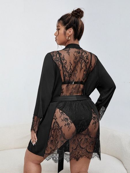 plus lace insert belted sleep robe without lingerie d2no#, Black;white