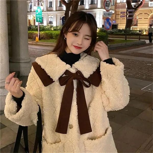 women's fur & faux bow shawl street fashion long-sleeved clothing 2021 autumn and winter diamond lattice thick lamb coat, Black
women's fur & faux bow shawl street fashion long-sleeved clothing 2021 autumn and winter diamond lattice thick lamb coat, Black