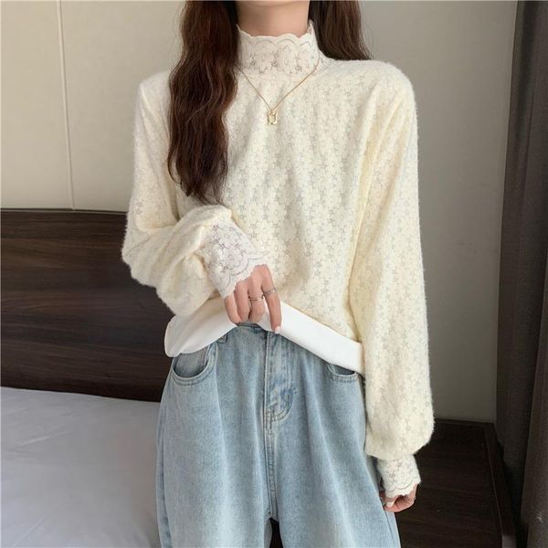 women's sweaters style half high collar inner autumn winter plush thickened brushed lace bottomed shirt long sleeve versatile chiffon, White;black