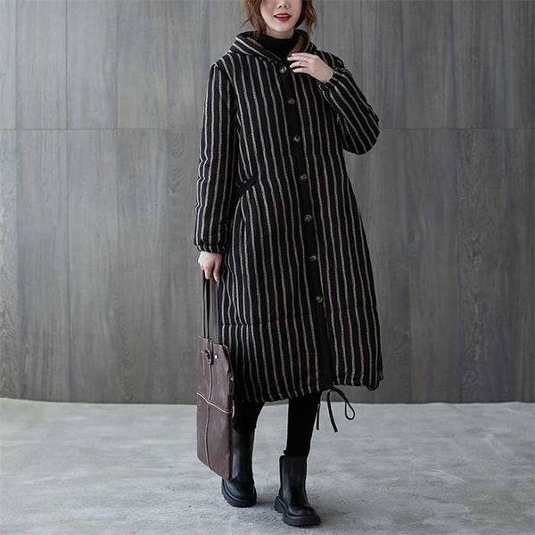 johnature women striped hooded parkas button long sleeve fleece coats winter pockets warm vintage 211216, Black
johnature women striped hooded parkas button long sleeve fleece coats winter pockets warm vintage 211216, Black