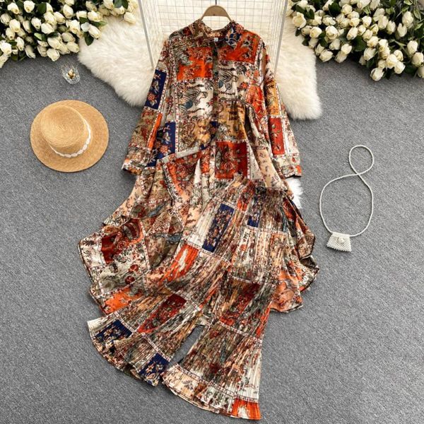 women's two piece pants singreiny autumn retro print women set chic irregular long sleeve high waist wide leg pleated, White
women's two piece pants singreiny autumn retro print women set chic irregular long sleeve high waist wide leg pleated, White