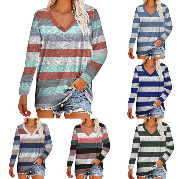ladies long-sleeved t-shirt v-neck hedging stripe printing tees loose stitching autumn and winter clothing casual outerwear 006, White
ladies long-sleeved t-shirt v-neck hedging stripe printing tees loose stitching autumn and winter clothing casual outerwear 006, White