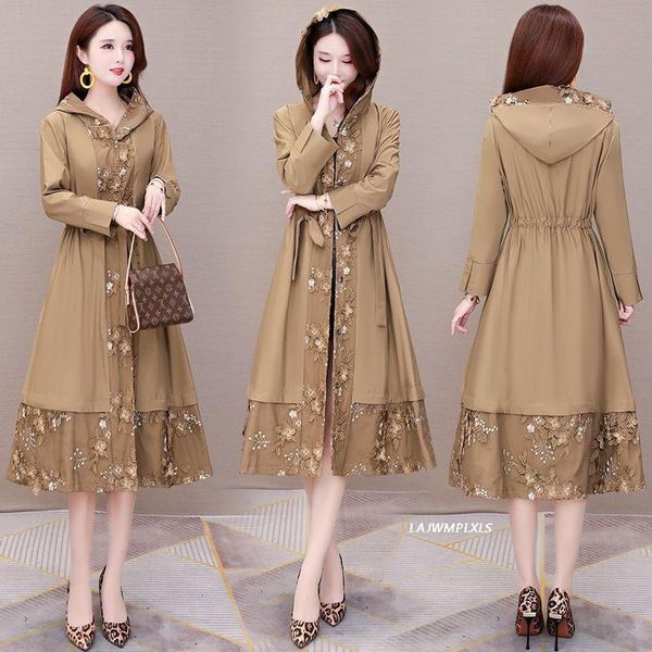 women's trench coats elegant plus size 5xl 2021 midlength hooded embroidery women windbreaker female lace stitching with belt coat, Tan;black
women's trench coats elegant plus size 5xl 2021 midlength hooded embroidery women windbreaker female lace stitching with belt coat, Tan;black
