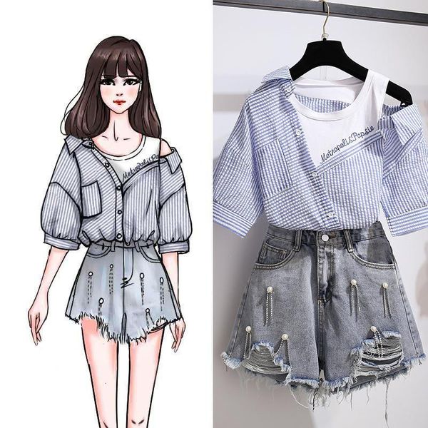 women's shorts ichoix summer 2 piece and shorts together striped female casual shirt 2 of high waist set denim korean student pe0i, White;black
women's shorts ichoix summer 2 piece and shorts together striped female casual shirt 2 of high waist set denim korean student pe0i, White;black