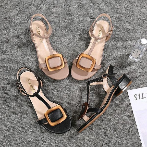 large size 34-43 female sandals summer square heel buckle open toe, Black
