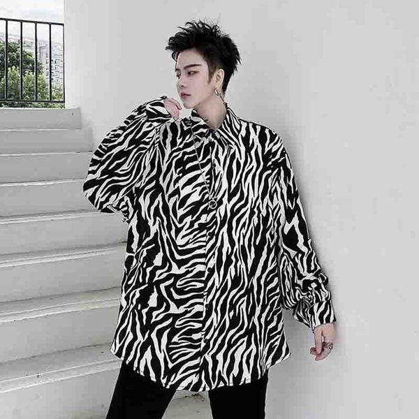 autumn retro zebra stripe long sleeve shirt men's loose ins fashion brand black and white assorted ruffian casual shirts, White;black