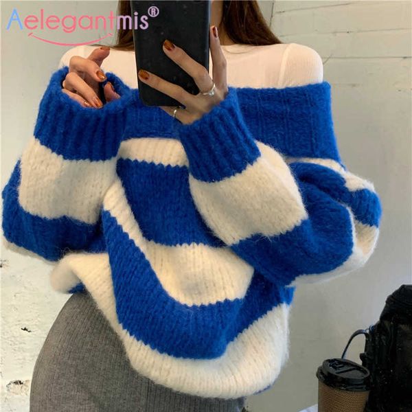 aelegantmis slash neck women oversized striped pullover korean casual soft harajuku female loose knitted stripe sweater 210607, White;black
aelegantmis slash neck women oversized striped pullover korean casual soft harajuku female loose knitted stripe sweater 210607, White;black