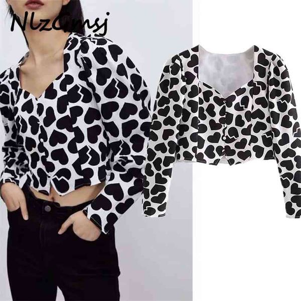 blouse women retro heart print crop shirt long sleeve chic female short 04 210628, White
