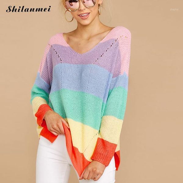 women's sweaters rainbow striped knitted pullover 2021 spring women sweater v neck loose long sleeve autumn knitwear female, White;black
women's sweaters rainbow striped knitted pullover 2021 spring women sweater v neck loose long sleeve autumn knitwear female, White;black