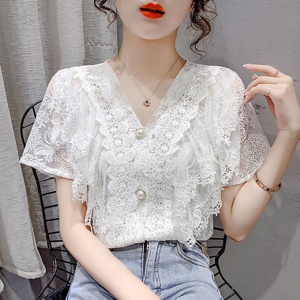 women's blouses & shirts summer temmperament all-macth lace female 2021 women short sleeve v-neck elegant single braested shirt blouse, White
women's blouses & shirts summer temmperament all-macth lace female 2021 women short sleeve v-neck elegant single braested shirt blouse, White