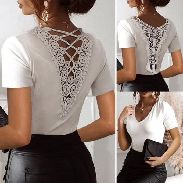 women's t-shirt summer solid color t-shirts back hollow out design lace decor v-neck short sleeve slim pullovers for streetwear wom, White
women's t-shirt summer solid color t-shirts back hollow out design lace decor v-neck short sleeve slim pullovers for streetwear wom, White