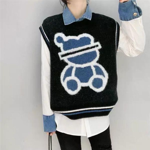 women's sweaters casual sweater vest women 2021 winter korean style cute bear embroidery sleeveless pullover waistcoat knitted tank t5, White;black
women's sweaters casual sweater vest women 2021 winter korean style cute bear embroidery sleeveless pullover waistcoat knitted tank t5, White;black
