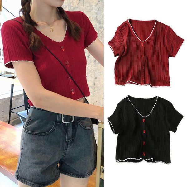 women's t-shirt women short sleeve crop ruffles trim ribbed knit buttons pullover v-neck solid color streetwear tee, White
women's t-shirt women short sleeve crop ruffles trim ribbed knit buttons pullover v-neck solid color streetwear tee, White