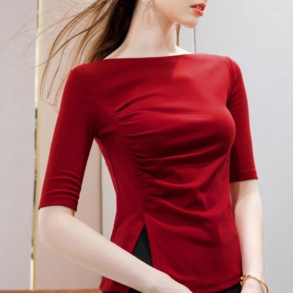 women's t-shirt easycore half sleeve cotton women korean style slash-neck irregular hem-split clothes, White
women's t-shirt easycore half sleeve cotton women korean style slash-neck irregular hem-split clothes, White