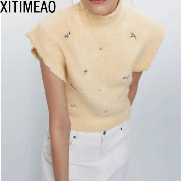 za women sweet fashion floral embroidery knitted vest sweater vintage high neck sleeveless female waistcoat chic 210604, Black;white
za women sweet fashion floral embroidery knitted vest sweater vintage high neck sleeveless female waistcoat chic 210604, Black;white