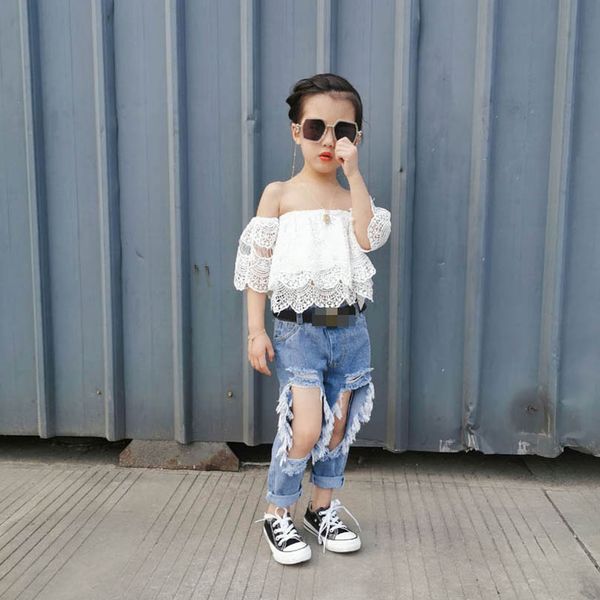 kids clothing sets girls outfits baby clothes children suits summer children's wear lace hole denim trousers 2pcs b7597, White
kids clothing sets girls outfits baby clothes children suits summer children's wear lace hole denim trousers 2pcs b7597, White