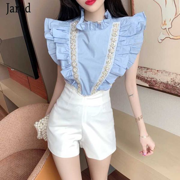 arrival women 2 piece set summer sleeveless beaded ruffles trim solid and high waist shorts suits 210526, White
arrival women 2 piece set summer sleeveless beaded ruffles trim solid and high waist shorts suits 210526, White