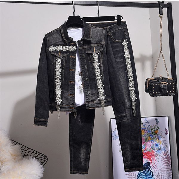 women's two piece pants autumn fashion set female beading denim jacket + elasticity high waist jeans outfits streetwear 2pc s jmrq, White
women's two piece pants autumn fashion set female beading denim jacket + elasticity high waist jeans outfits streetwear 2pc s jmrq, White