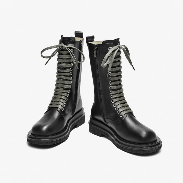 boots women mid-calf cow leather round toe lace-up zipper platform shoes ladies high street boots handmade 02375, Black
boots women mid-calf cow leather round toe lace-up zipper platform shoes ladies high street boots handmade 02375, Black