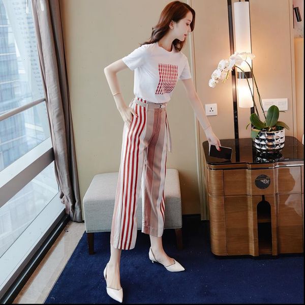 summer womens tracksuits elegant women sets t shirt and stripe pants female, Gray