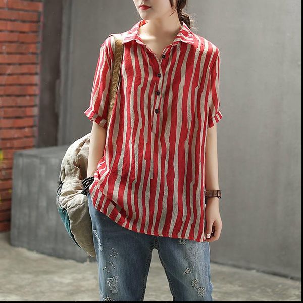 style summer plus size women shirts short sleeve loose casual striped cotton linen vintage female blouse d4, White
style summer plus size women shirts short sleeve loose casual striped cotton linen vintage female blouse d4, White