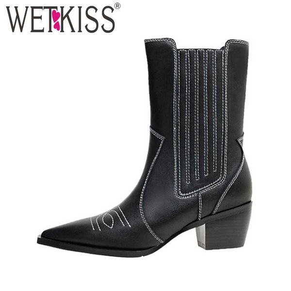 wetkiss women's genuine leather ankle boots fashion sewing design pointed toe low block heel western bootie 210630, Black
wetkiss women's genuine leather ankle boots fashion sewing design pointed toe low block heel western bootie 210630, Black