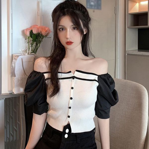 women's t-shirt women short sleeve summer t shirts puff knitted slim square collar patchwork t-shirts, White
women's t-shirt women short sleeve summer t shirts puff knitted slim square collar patchwork t-shirts, White