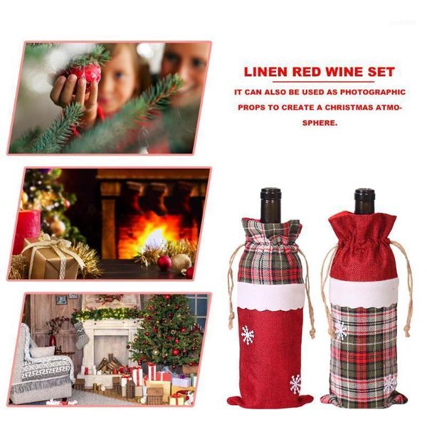 christmas decorations cartoon red wine bottle cover wide scope of application practical economy snowflake linen bag xmas decoration1