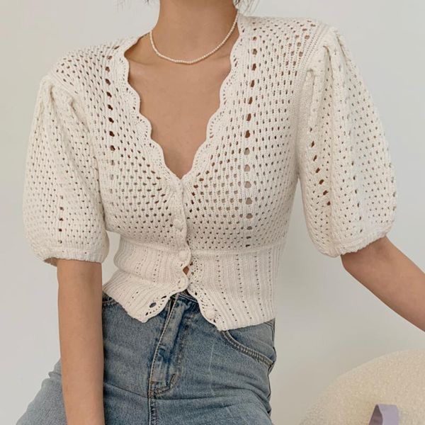 women's t-shirt korean chic gentle temperament v collar single-row button-down waist short bubble sleeve hollow knit shirt girl, White
women's t-shirt korean chic gentle temperament v collar single-row button-down waist short bubble sleeve hollow knit shirt girl, White