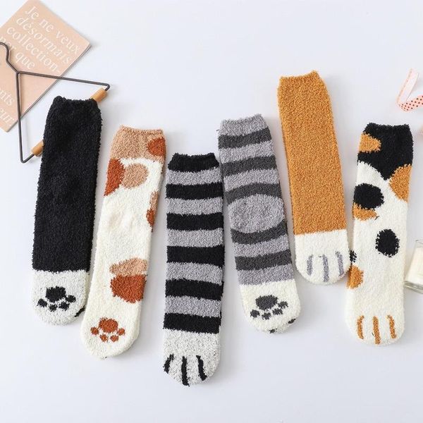 socks winter warm cat for women girls sleeping home floor thick knee high, Pink;yellow