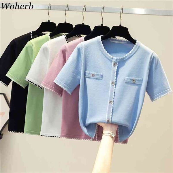 women t shirts summer thin knitted single breasted slim tees short sleeve o neck pockets korean vintage 210519, White
women t shirts summer thin knitted single breasted slim tees short sleeve o neck pockets korean vintage 210519, White