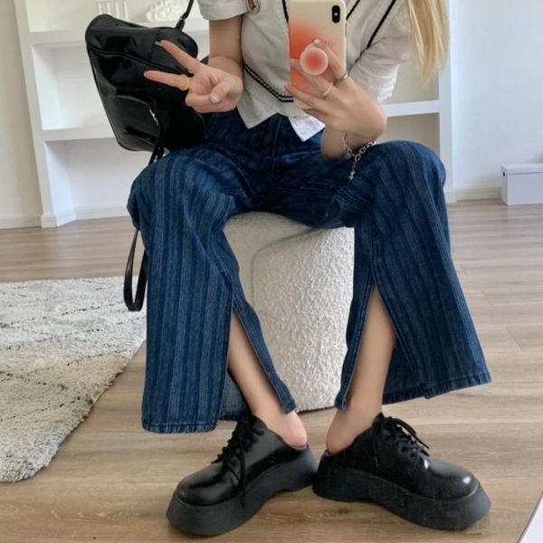 women's jeans straight-leg 2021 autumn style korean high-waisted loose thin split striped drape wide-leg long pants, Blue
women's jeans straight-leg 2021 autumn style korean high-waisted loose thin split striped drape wide-leg long pants, Blue