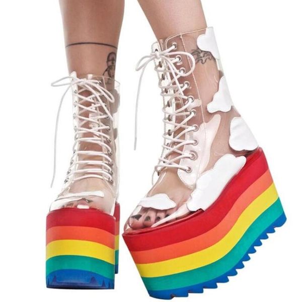 boots rainbow heels thick high platform shoes clear pvc cloud pattern lace up ankle short muffin bottom fashion women, Black
boots rainbow heels thick high platform shoes clear pvc cloud pattern lace up ankle short muffin bottom fashion women, Black