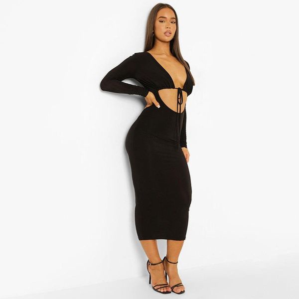 casual dresses women's fall 2021 pure color deep v long sleeve navel open hollow lace-up dress, Black;gray
casual dresses women's fall 2021 pure color deep v long sleeve navel open hollow lace-up dress, Black;gray