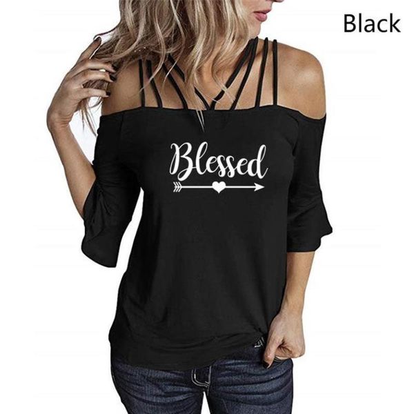 women t shirt blessed print short sleeve off shoulder slings loose t-shirt ladies summer causal tee clothes women's, White 
women t shirt blessed print short sleeve off shoulder slings loose t-shirt ladies summer causal tee clothes women's, White