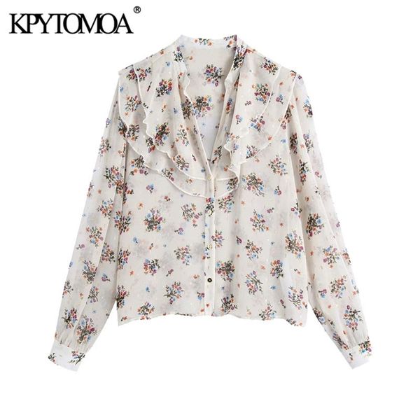 women fashion semi-sheer floral print with ruffles blouses vintage v neck long sleeve female shirts chic 210420, White
women fashion semi-sheer floral print with ruffles blouses vintage v neck long sleeve female shirts chic 210420, White