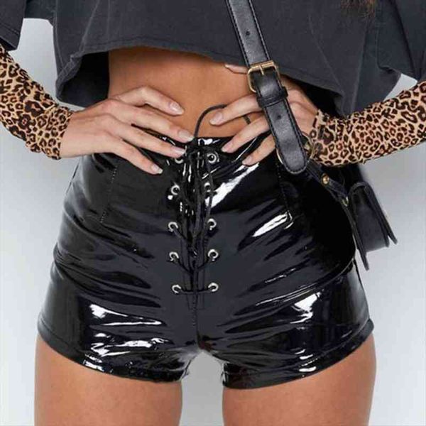 women solid color faux leather eyelet cross bandage high waist slim shorts, White;black
women solid color faux leather eyelet cross bandage high waist slim shorts, White;black