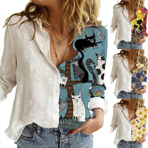 and bloues fashion women shirt buttons long sleeve sunflower cats patchwork blouses office, White
and bloues fashion women shirt buttons long sleeve sunflower cats patchwork blouses office, White