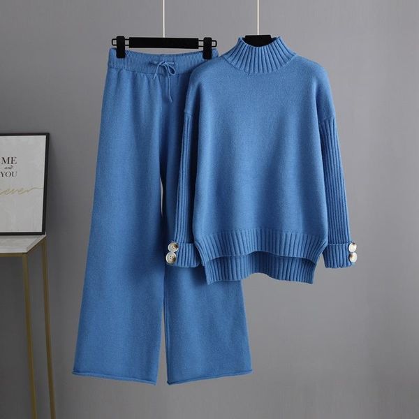 women's two piece pants fashion korean sweater suit half high neck thickened wear loose trousers 2-piece, White
women's two piece pants fashion korean sweater suit half high neck thickened wear loose trousers 2-piece, White