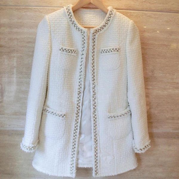 white tweed wool blends coat autumn winter long-sleeved small fragrant heavy beaded women's &, Black
white tweed wool blends coat autumn winter long-sleeved small fragrant heavy beaded women's &, Black