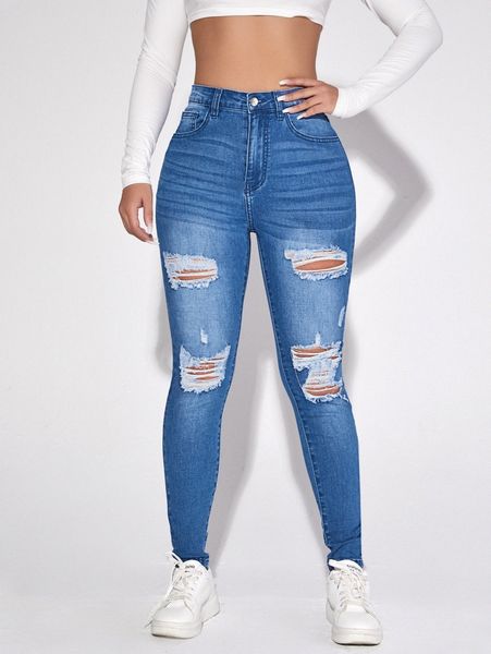 high waist ripped skinny jeans f1xk#, Blue