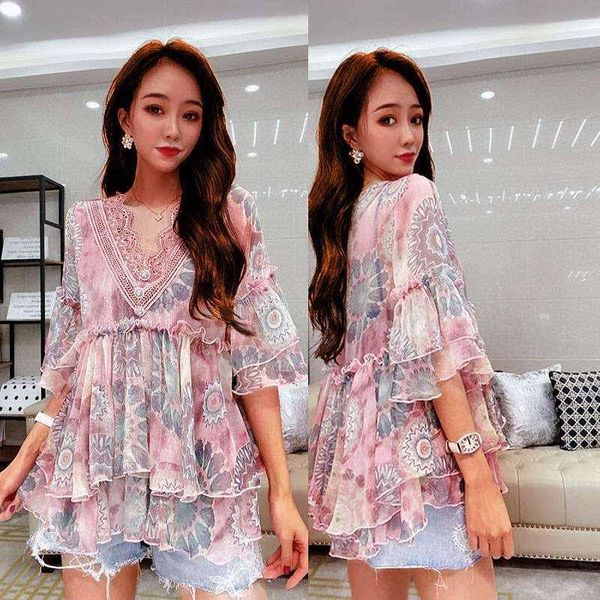 women's polos 2021 summer v-neck lace flared sleeve half-sleeved blouse female printed chiffon loose office party fold all-match women, White
women's polos 2021 summer v-neck lace flared sleeve half-sleeved blouse female printed chiffon loose office party fold all-match women, White