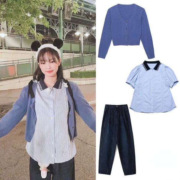 women's two piece pants kpop jennie korean blue women slim wild long sleeve shirts blouses knitted sweater + loose casual jeans trouse, White
women's two piece pants kpop jennie korean blue women slim wild long sleeve shirts blouses knitted sweater + loose casual jeans trouse, White