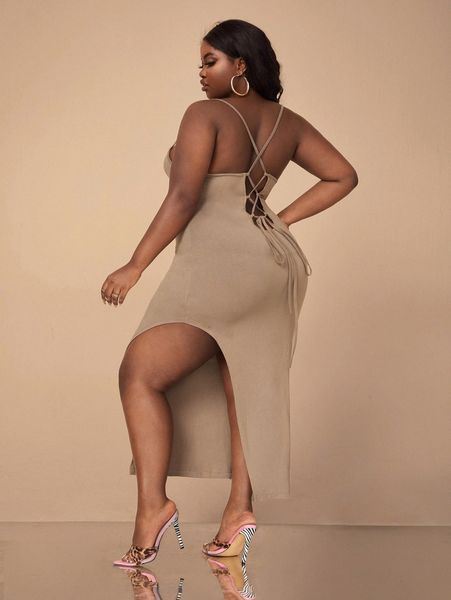 sxy plus lace up backless split thigh cami dress q22h#, Black
sxy plus lace up backless split thigh cami dress q22h#, Black